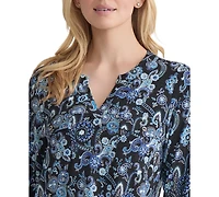 Jones New York Women's Paisley-Print 3/4-Sleeve Flap-Pocket Knit Top
