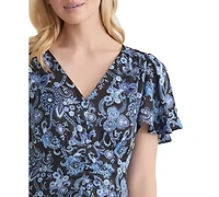 Jones New York Women's Printed Shirred Flutter-Sleeve Midi Dress