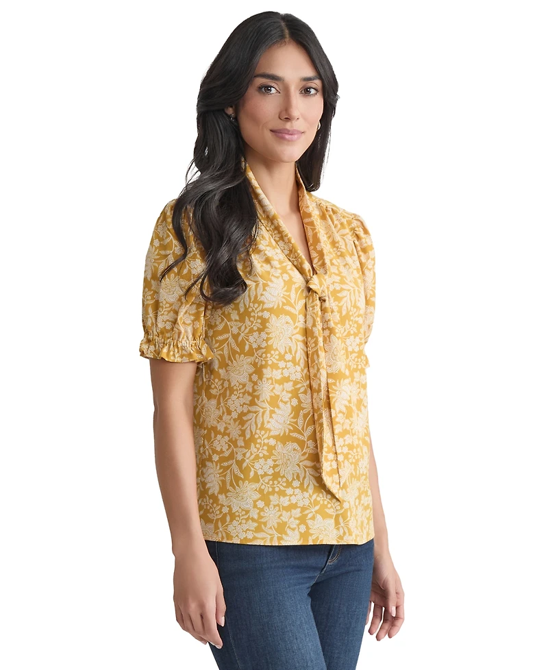 Jones New York Women's Printed Tie-Neck Short-Sleeve Blouse
