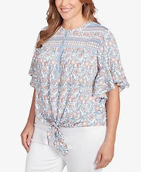 Ruby Rd. Plus Vintage Floral Tie Front Henley Top