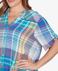 Ruby Rd. Plus Size Crinkle Knit Plaid Button Down Top