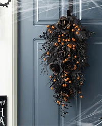 Glitzhome 28" Halloween Black Rose and Berry Swag Metal Wreath Hanger