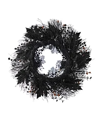 Glitzhome 7" Halloween Black Rose, Skeleton and Berry Wreath Hanger