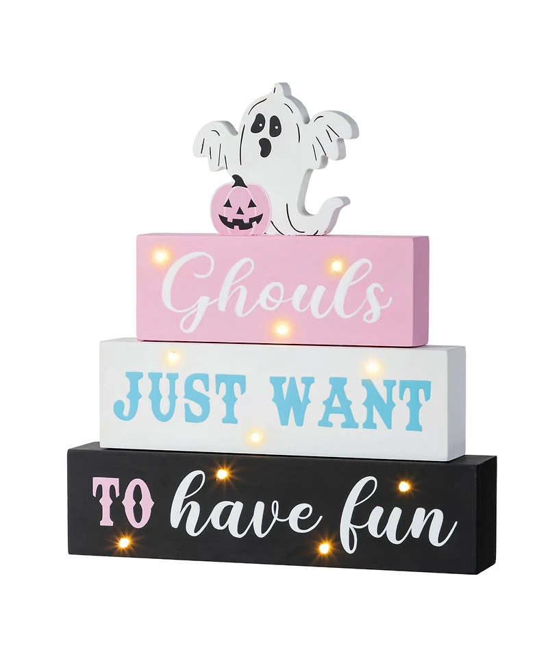 Glitzhome 11.75" Halloween Lighted Pink Wooden Ghost Block Word Sign