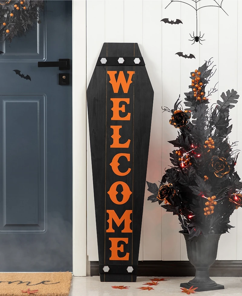 Glitzhome Halloween Wood Mummy and Welcome Coffin Porch Decor, Set of 2