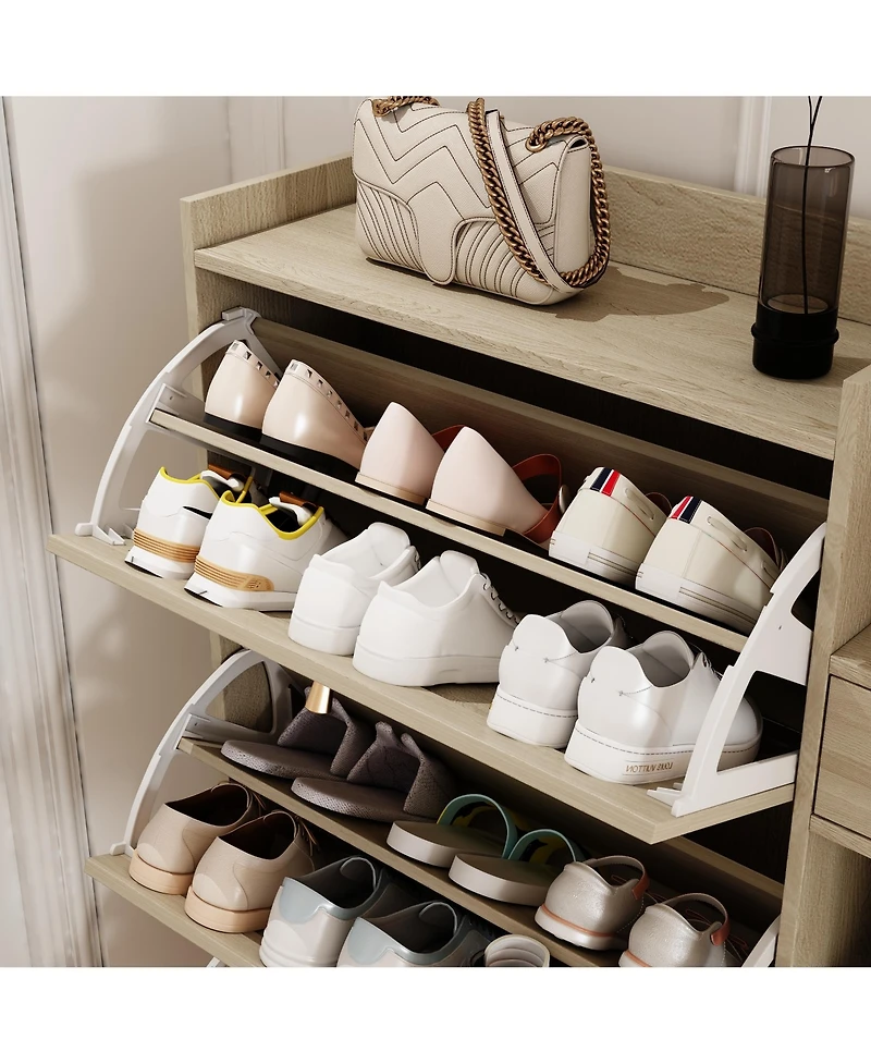 Natural Bohemia Style Shoe Cabinet, Shoe Rack Cabinet with 3 Rattan Flip Drawers,3 Square Shelves and 1 Storage Drawer, Shoe Organizer with Mulit Stor