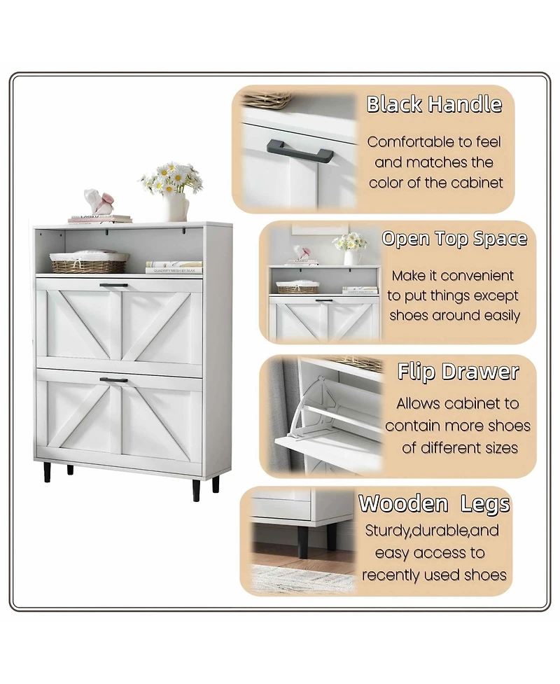 Farmhouse Shoe Storage Cabinet with Barn Door Design, Shoe Organizer with 2 Flip Drawers