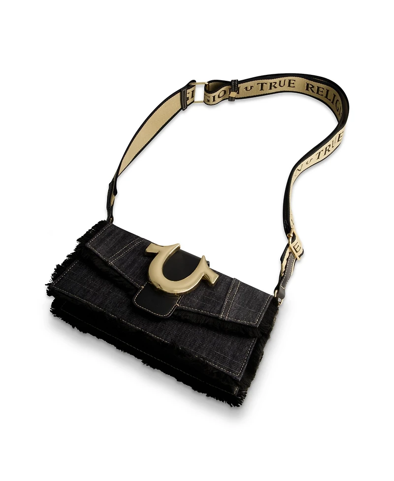 True Religion Frayed Denim Flap Bag with Logo Strap