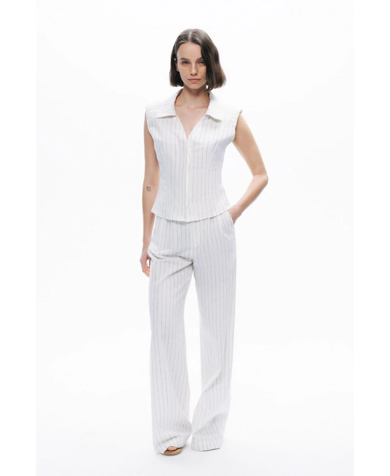 Nocturne Women's Sleeveless Linen Blend Shirt with Shoulder Pads