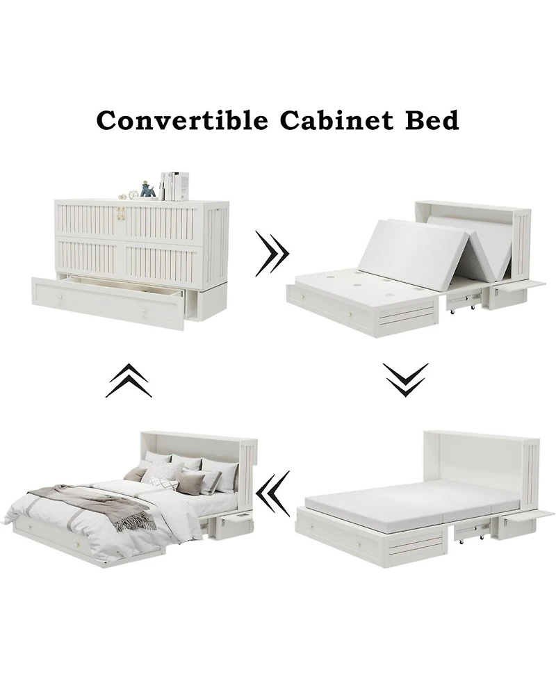 livelylodge Queen Murphy Bed Cabinet with Storage Drawer and Shelves, White Queen Hideaway Murphy Bed Suit for Guest Room and Bedroom Living Room