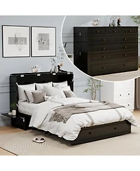 livelylodge Black queen Murphy bed with 2 drawers, 2 shelves, 2 Usb ports, and 2 charging ports. Ideal for guest rooms and home offices