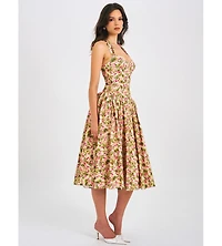 Miss Circle Women Niya Floral Print Linen Halter Corset Maxi Dress