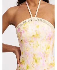 Miss Circle Women's Zaina Yellow Pink Floral Print Lace Trim Linen Midi Dress