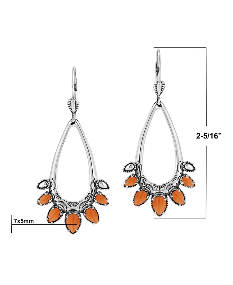 American West Jewelry Sterling Silver Orange Spiny Oyster Open Pear Gemstone Lever Back Earrings