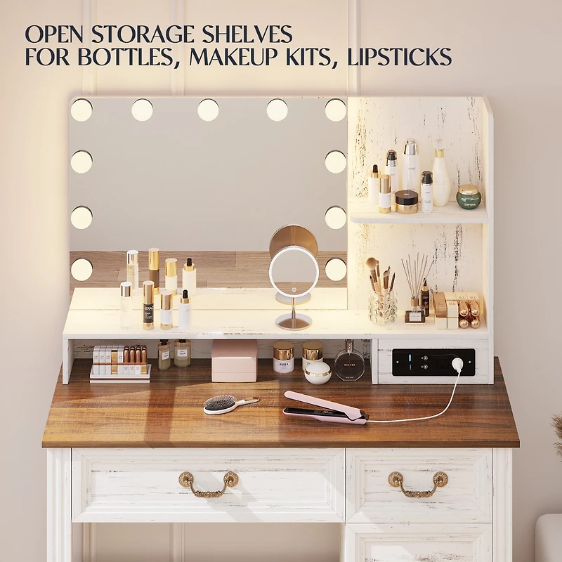 Vlsrka Vanity desk for bedroom with lights, drawers, shelves, stool, and mirror.