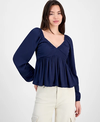 Self Esteem Juniors' Ruched V-Neck Lace-Inset Blouse