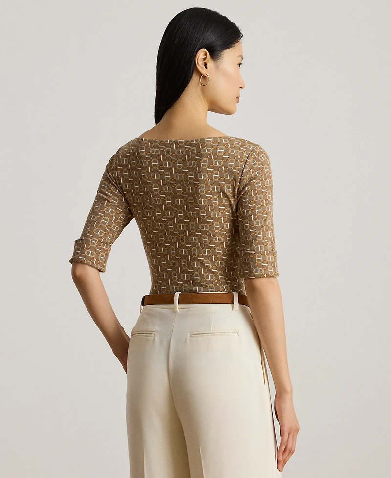 Lauren Ralph Petite Geo-Print Stretch Cotton Boatneck Tee