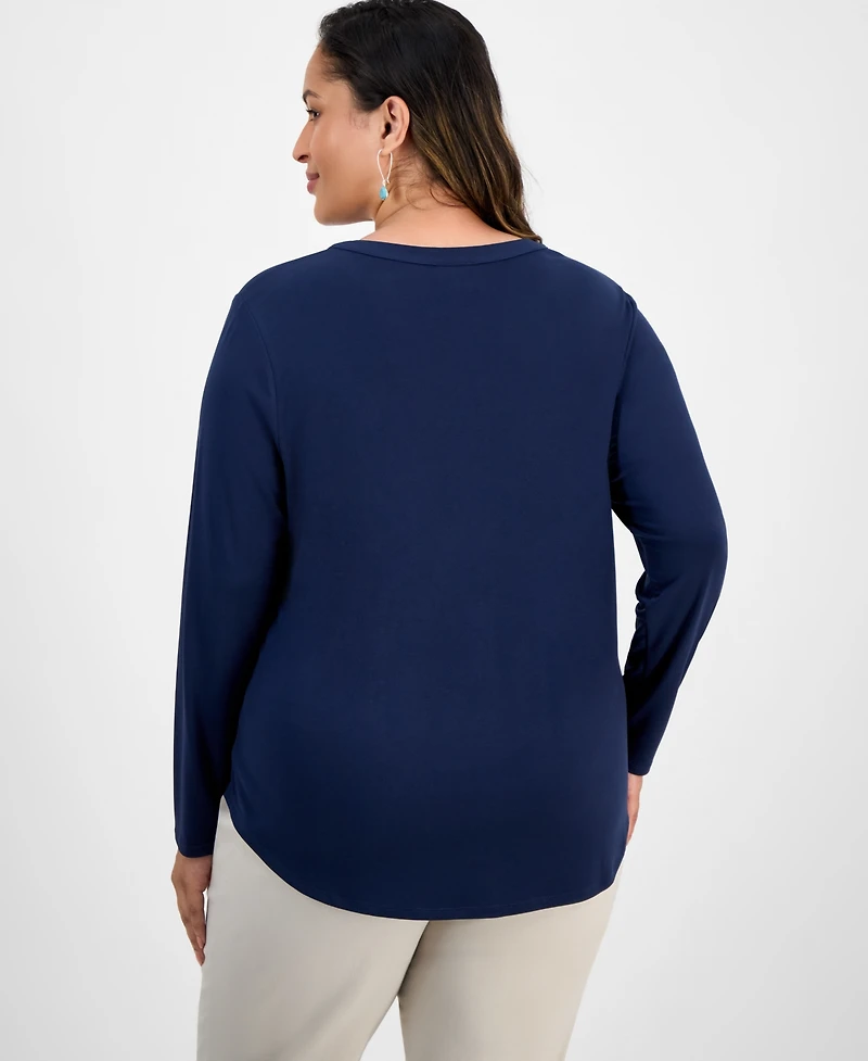 Jm Collection Plus Solid V-Neck Long-Sleeve Top, Macy's Exclusive