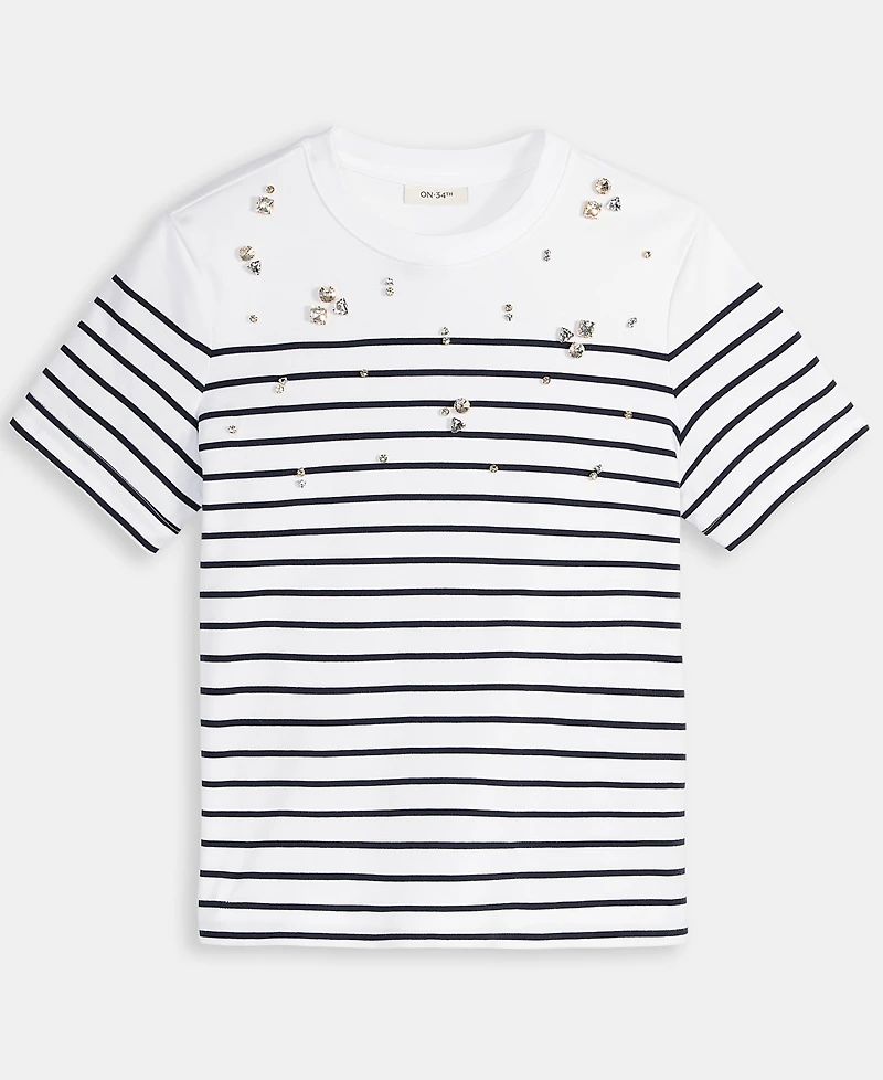 On 34th Women's Classic Stripe Embellished Cotton T-Shirt, Macy's Exclusive