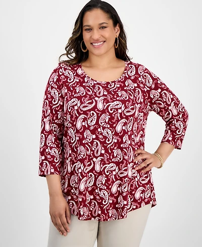 Jm Collection Plus Printed Scoop-Neck 3/4-Sleeve Top