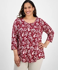 Jm Collection Plus Printed Scoop-Neck 3/4-Sleeve Top