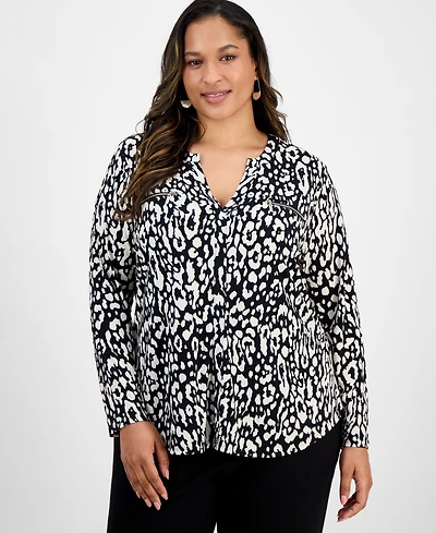Jm Collection Plus Printed V-Neck Long-Sleeve Top