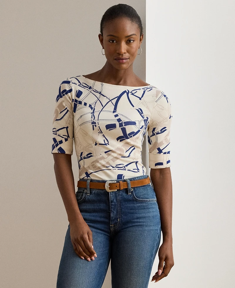 Lauren Ralph Women's Belting-Print Cotton Boatneck Tee