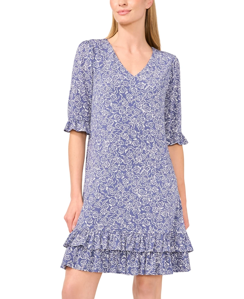 CeCe Women's Printed V-Neck Tiered-Ruffle-Trim Dress