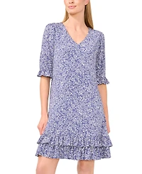 CeCe Women's Printed V-Neck Tiered-Ruffle-Trim Dress