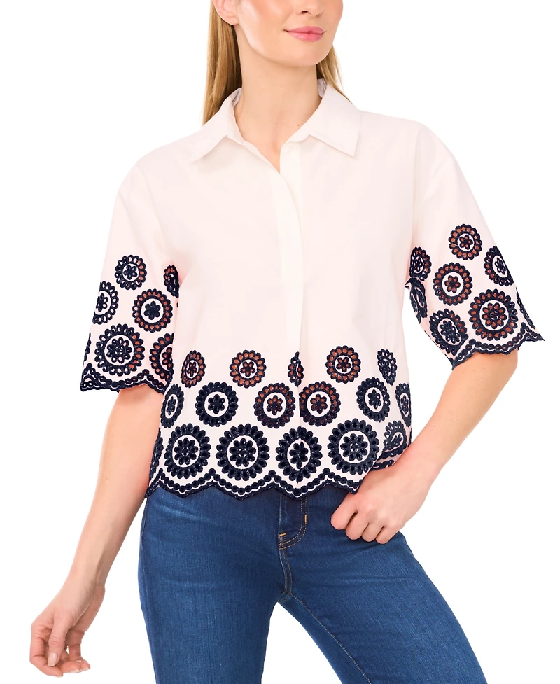 CeCe Women's Contrast Embroidered Cotton Collared Shirt