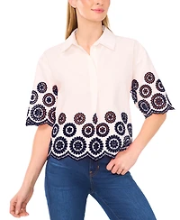 CeCe Women's Contrast Embroidered Cotton Collared Shirt