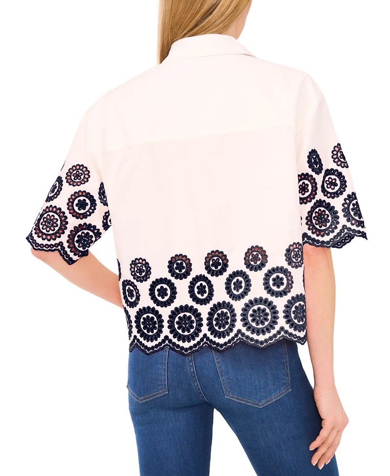 CeCe Women's Contrast Embroidered Cotton Collared Shirt