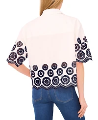 CeCe Women's Contrast Embroidered Cotton Collared Shirt
