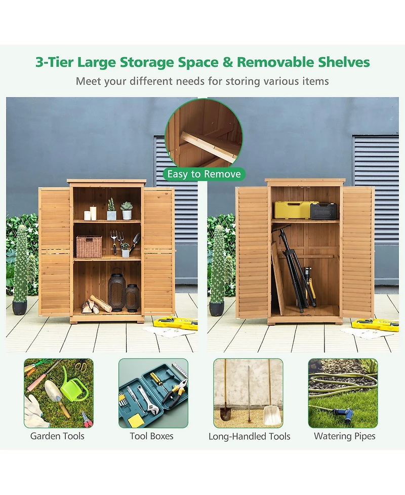 Costway Outdoor Fir Wood Storage Shed Garden Tool Cabinet Locker Tall Vertical Organizer