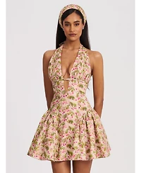 Miss Circle Women's Mackenzie Green and Pink Floral Print Halter Linen Mini Dress
