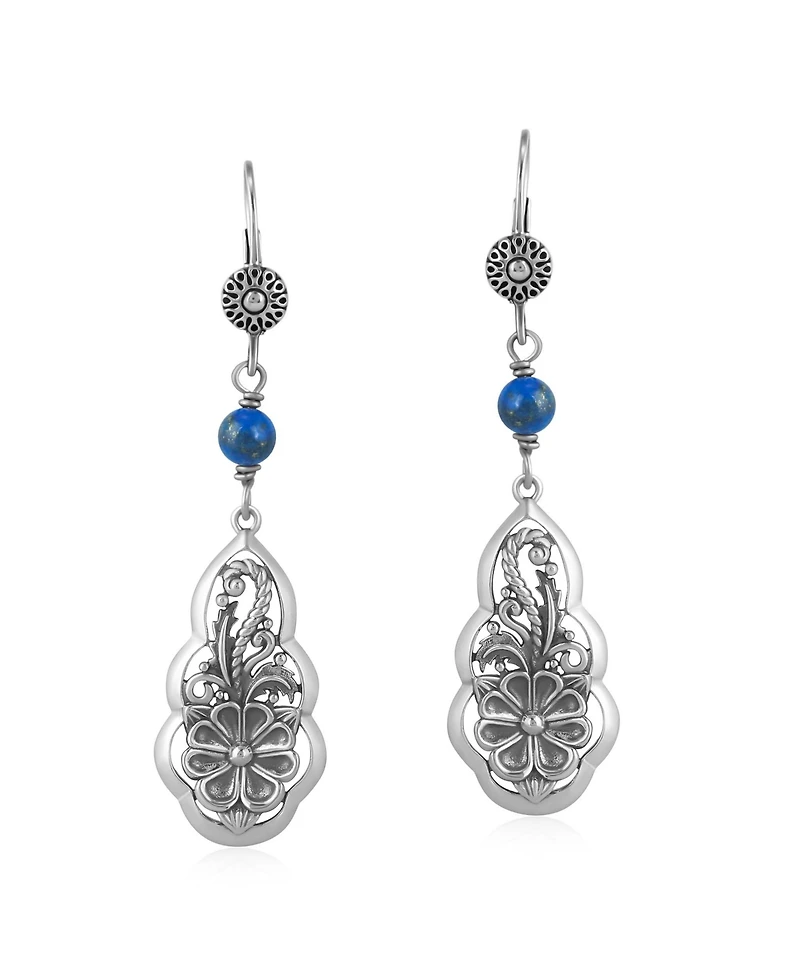 American West Jewelry Sterling Silver Lapis Flower Gemstone Bead Lever Back Earrings