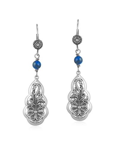 American West Jewelry Sterling Silver Lapis Flower Gemstone Bead Lever Back Earrings