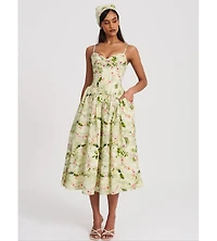 Miss Circle Women's Jacinda Green Floral Print Ruched Breast Linen Midi Dress