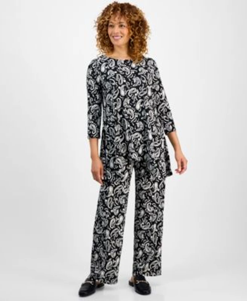 Jm Collection Womens Printed 3 4 Sleeve Swing Top Pull On Pants