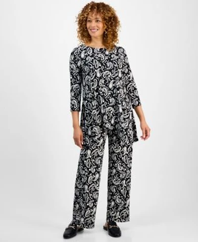 Jm Collection Womens Printed 3 4 Sleeve Swing Top Pull On Pants