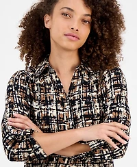 Ak Anne Klein Petite Printed 3/4-Sleeve Roll-Tab Collared Top