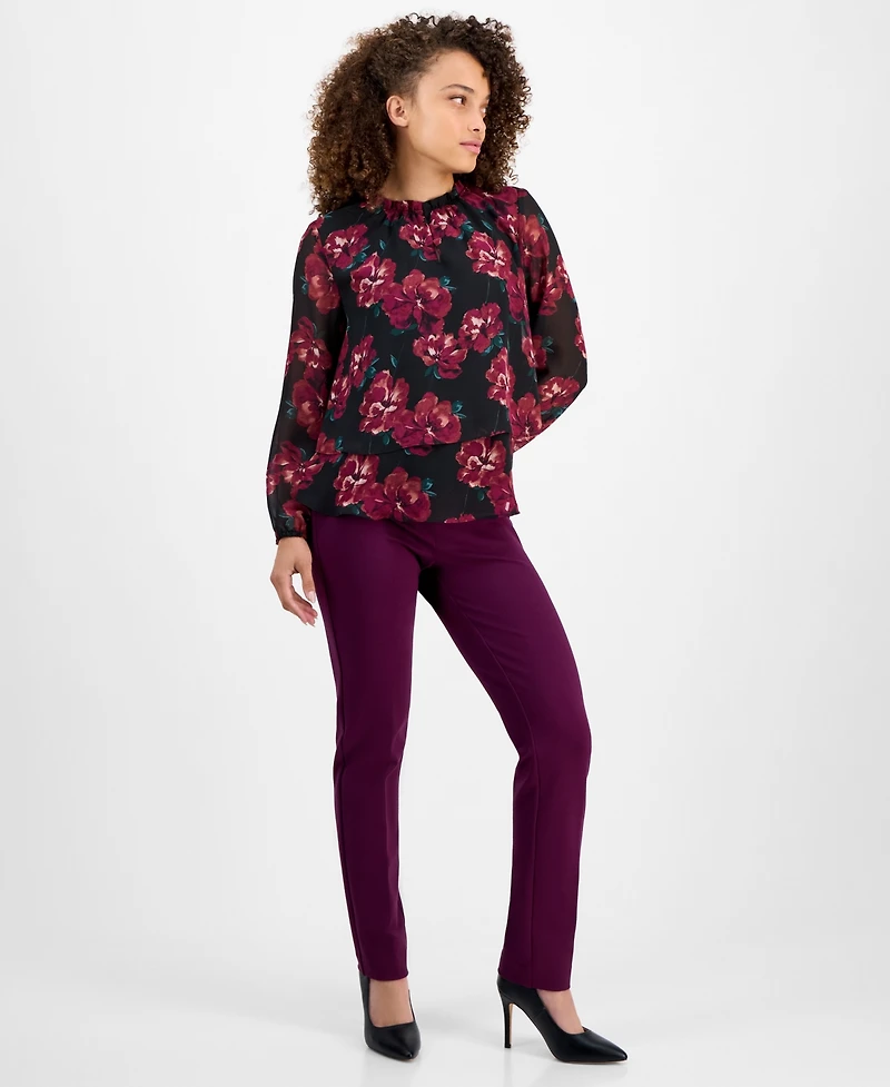 Ak Anne Klein Women's Ruffle-Neck Long-Sleeve Chiffon Top