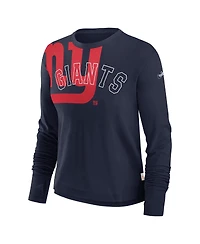 Nike Women's Navy New York Giants Layered Logo Cropped Long Sleeve Fashion T-Shirt