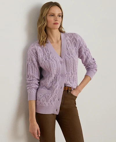 Lauren Ralph Women's Pointelle Wool-Blend V-Neck Cardigan