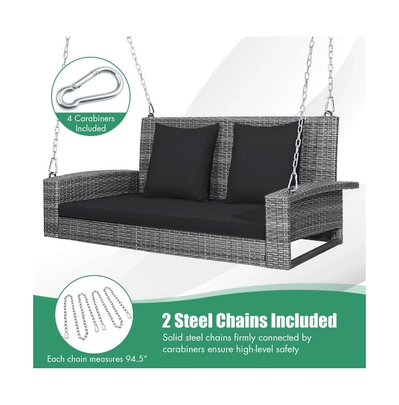 2-Person Patio Pe Wicker Hanging Porch Swing Bench Chair Cushion 800 Pounds