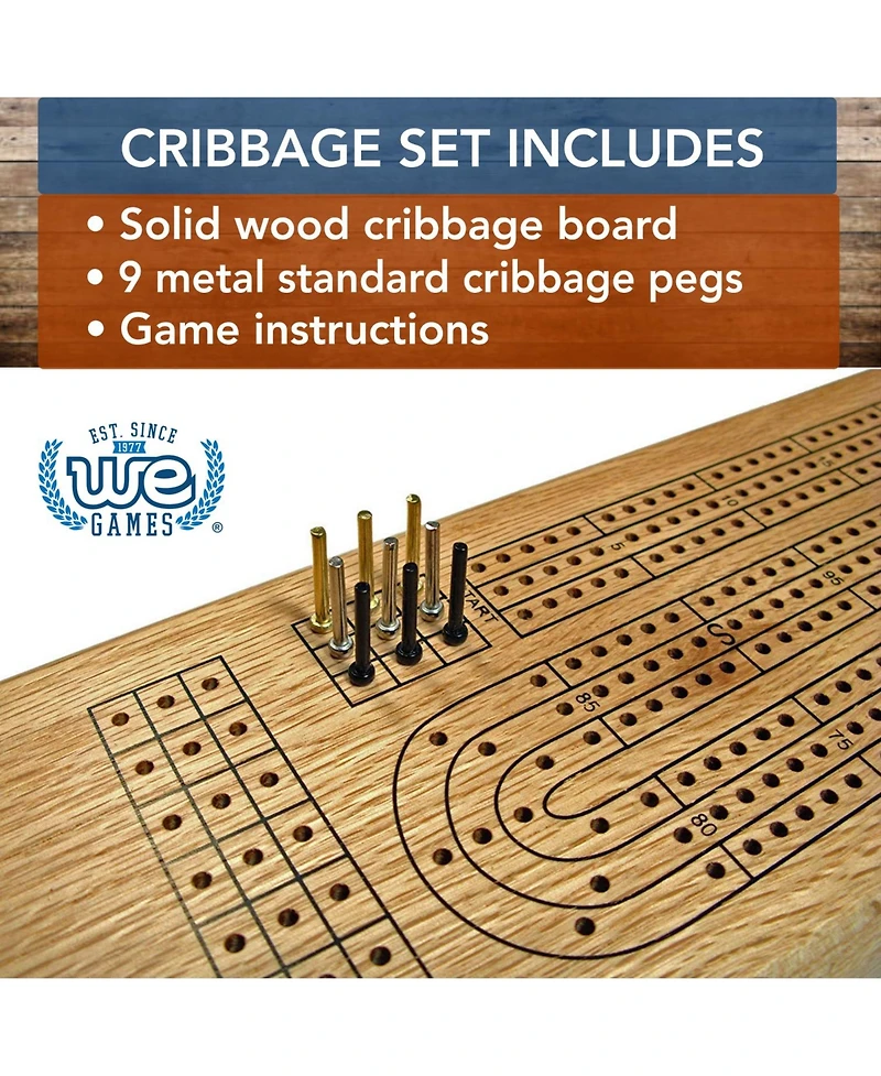 We Games Classic Cribbage Set - Solid Wood Continuous 3 Track Board with Metal Pegs