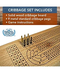 We Games Classic Cribbage Set - Solid Wood Continuous 3 Track Board with Metal Pegs