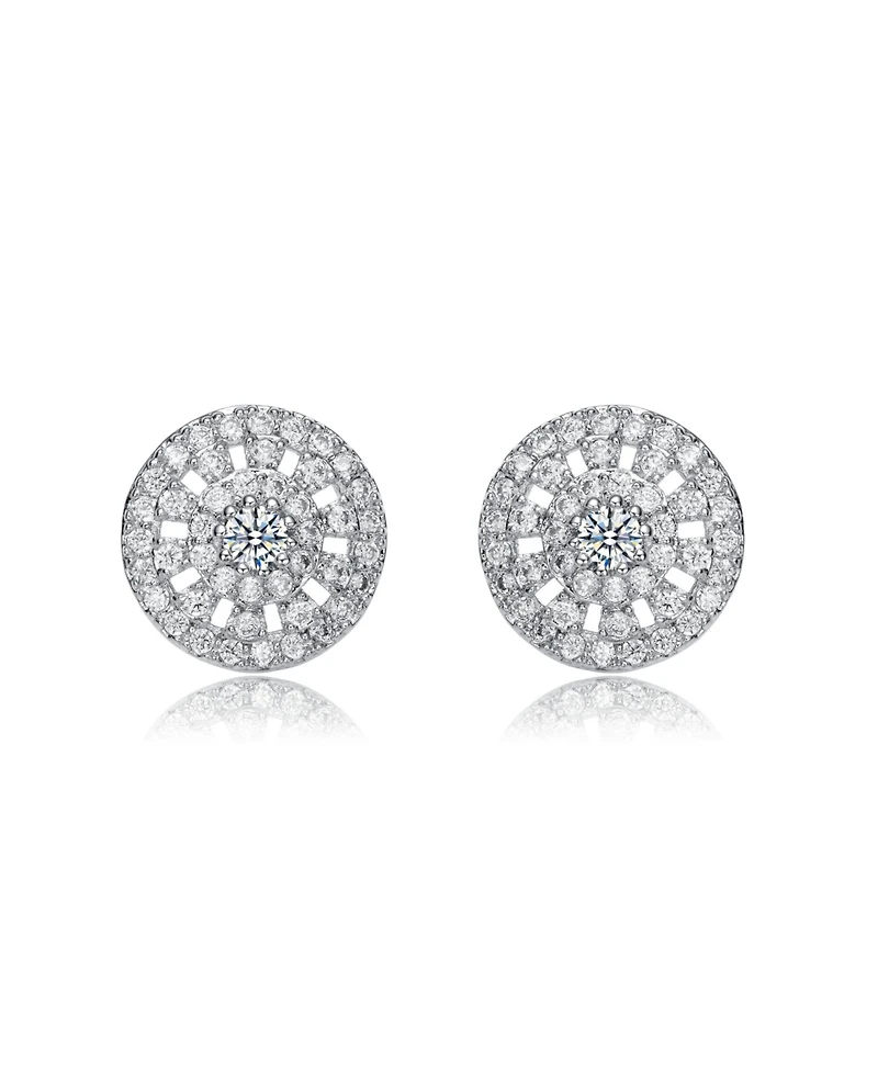 Rachel Glauber White Gold Plating with Clear Cubic Zirconia Halo Stud Earrings