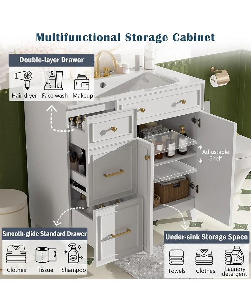 Casainc 36" Bathroom Vanity with Ceramic Sink, Double-Layer Drawers, Soft-Close Doors and Adjustable Shelves