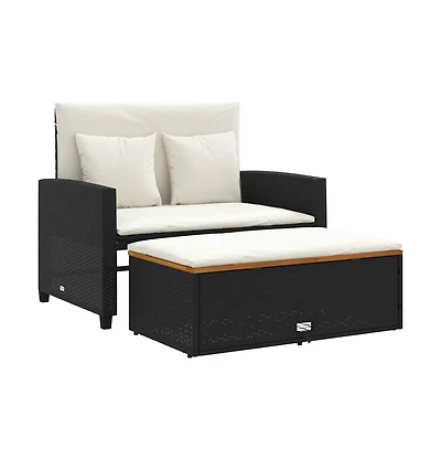 vidaXL Patio Sofa with Cushions 2-Seater Black Poly Rattan&Acacia Wood